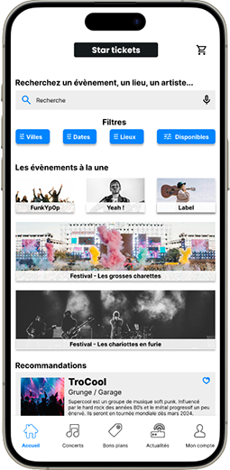 Accueil billet concert Ecran d'accueil de l'application d'achat de billets de concert