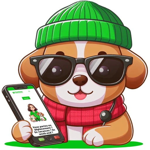 Mascotte Pawsitter Dessin de chien portant un bonnet vert, des lunettes de soleil et un téléphone